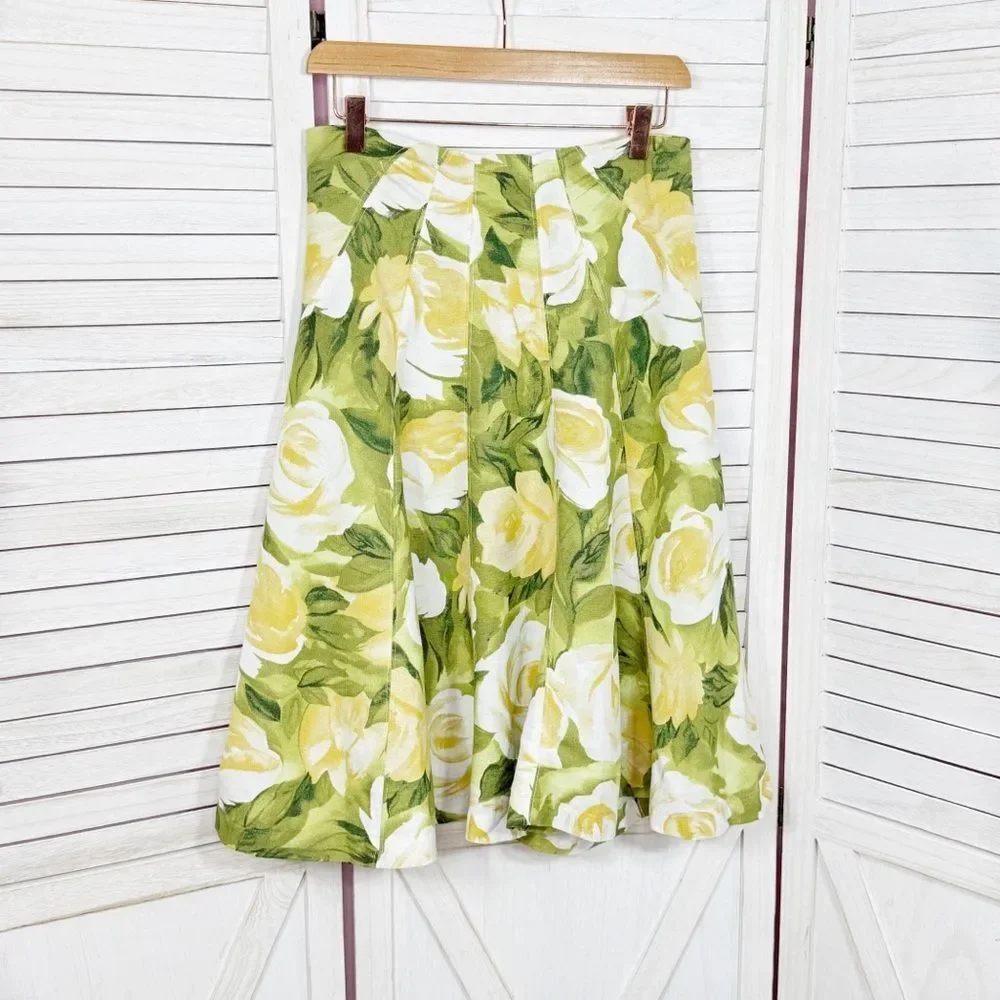 Premise Floral Roses Linen Blend A Line Flare Midi Skirt Lime Green Yellow 4‎